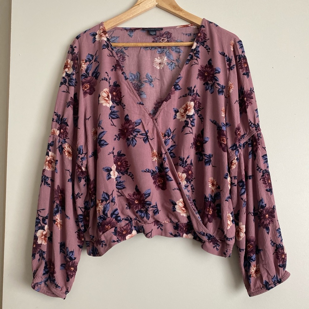 American Eagle Pink Wrap Blouse with V-Neck and Billowy Sleeves